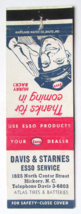 Davis &amp; Starnes Esso Service - Hickory, North Carolina 20 Strike Matchbook Cover - £1.37 GBP