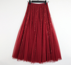 Wine Red Midi Tulle Sequin Skirt Women High Waisted Holiday Tulle Skirt Outfit image 5