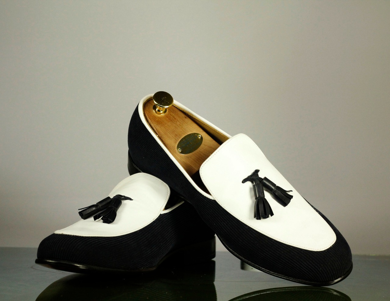 Handmade Men Black White Tassel Loafer Shoes, Men Leather Corduroy Designer Shoe