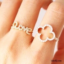 Lovely Crystal Cutout Cocktail Gold Goregeous Bling Delicate Big Clover Ring - $17.00
