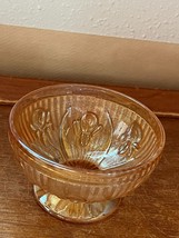 Vintage Small Iridescent Orange Glass Berry Footed Bowl w Iris Flowers  – - £8.88 GBP