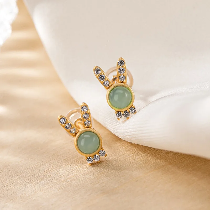 S925 Sterling Silver Gold-plated Inlaid Natural Jade Personality Cute Rabbit Wom - £72.24 GBP