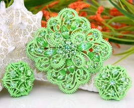 Vintage Enamel Rhinestone Brooch Pin &amp; Earrings Set Green Book Piece - £34.25 GBP