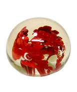 Vintage Blown Art Clear Glass Bubble Center Red Flowers Round Paperweight - £17.22 GBP
