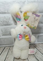Kmart vintage small white plush Giggle bunny rabbit rainbow satin ears bow 1993 - £15.52 GBP