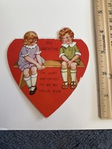 Vintage Valentine big Heart boy and girl satisfied to be by your side - $18.70