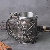 Vikings Beer Mug Dragon Ship Drakkar Tankard Steel Resin Wine Nordic Large Cups - £31.59 GBP