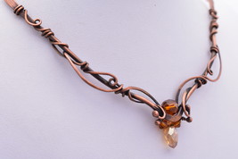 Wire-Wrapped Copper Necklace with Amber &amp; Champagne Crystals - £40.16 GBP