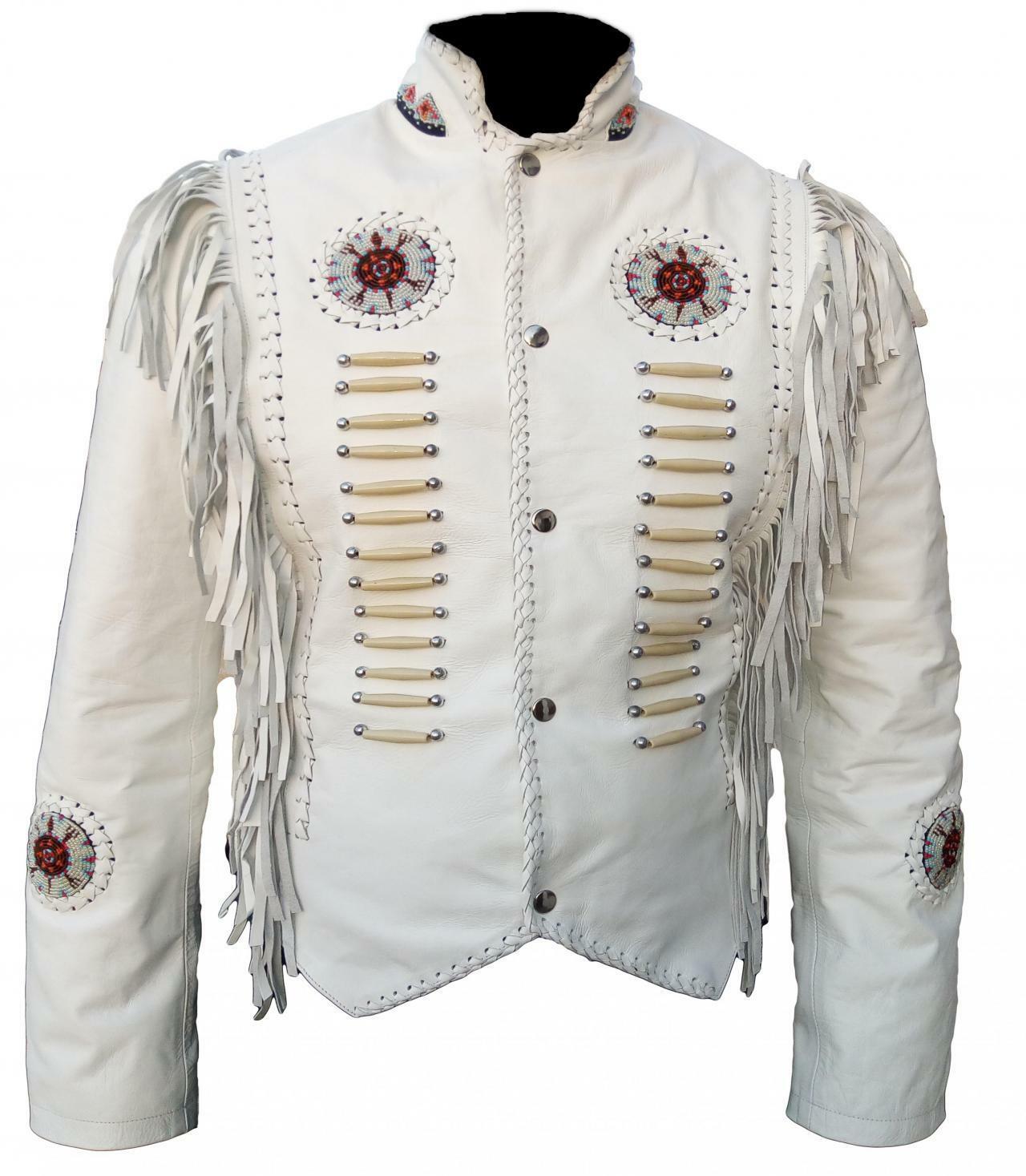 Women's White Western Style Genuine Leather Bone Beads Patches Fringed Jacket