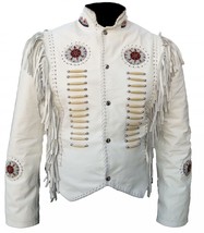 Women&#39;s White Western Style Genuine Leather Bone Beads Patches Fringed Jacket - £140.99 GBP