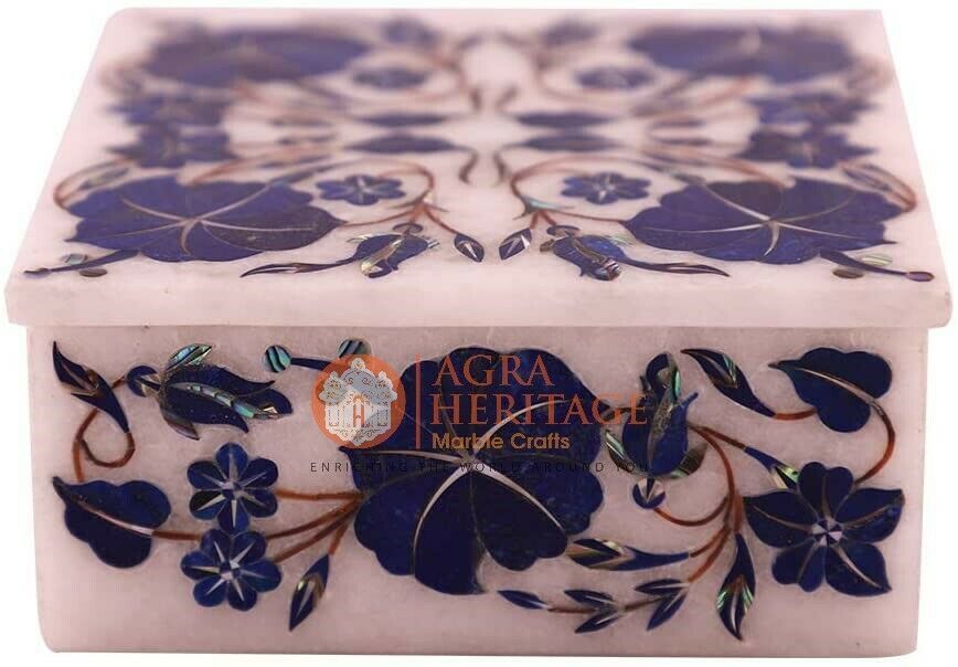 4"x4"x2" White Jewelry Organizer Box Lapis Marquetry Flower Art Christmas Gift Item image 2