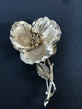 Vintage Goldtone Flower w Stem &amp; Leaves Brooch Pin – 2.75 x 1 and 5/8th’s inches - £10.33 GBP