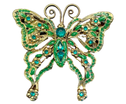 Brooch Butterfly Pin Green Gold Tone 3&quot; x 3&quot; Colorful Rhinestones Stones - $17.63