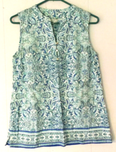 Talbots blouse size S women white &amp; blue v-neck buttons sleeveless 100% ... - £8.45 GBP