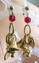 Long Gold-tone &amp; Red Acrylic Charm Chandelier Clip Earrings 1970s vintage 2 3/4&quot; - £11.31 GBP
