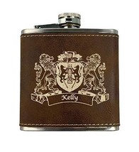 Kelly Irish Coat of Arms Leather Flask - Rustic Brown - £19.94 GBP