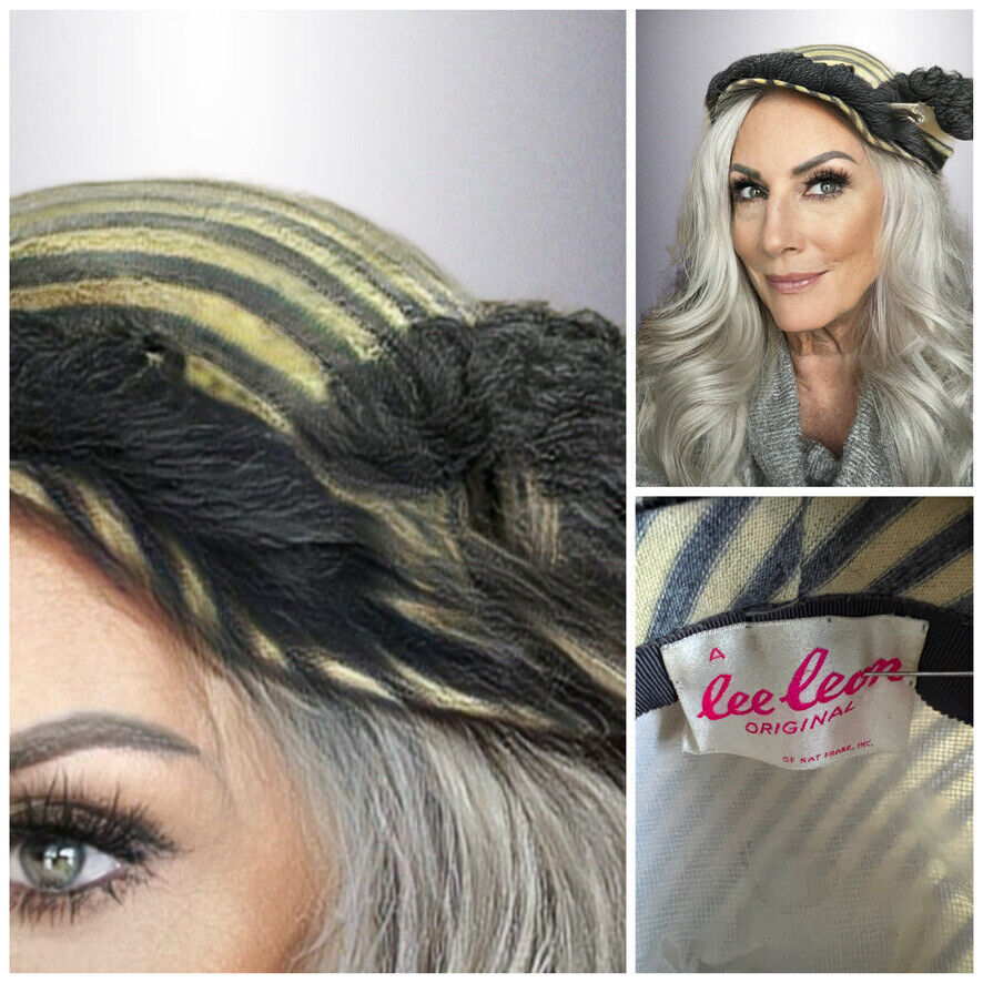 1950s retro VINTAGE LEE LEON  Hat Yellow/Gray Stripes /Yarn+Bee Accent S... - $83.49