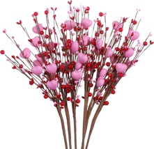 Valentine s Day Gifts 6 Pcs Artificial Red Berry Flower Stems Pink Heart Shaped  - £29.07 GBP