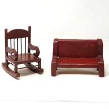 Dollhouse Wood Rocking Chair Bench Furniture Set Handmade Red Farmhouse Style - $15.15