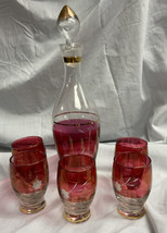 Vtg Etched Cranberry Glass Decanter Stopper W/ 5 Cordial Glasses-MCM - £38.02 GBP