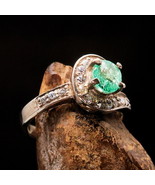 Sterling Silver Ring with oval cut Green Emerald and 18 white CZ - Size 6.5 - $59.00