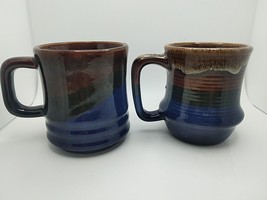 Set Of 2 HandThrown Blue Mcm Drip Glaze Pottery Mugs - £10.85 GBP