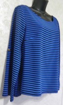 Ladies Blouse Calvin Klein Blue Black Stripe Tab Sleeves Large Polyester Spandex - £13.21 GBP