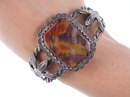 1940&#39;s 6.5&quot; Navajo Stamped silver twisted wire petrified wood bracelet - £455.03 GBP