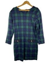 Vintage Black Watch Plaid Dress 90s Sheath Blue Green Tartan Check Sleeves Sz 10 - £50.32 GBP