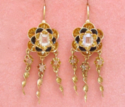 ANTIQUE VICTORIAN ROSE DIAMOND 18K BLACK ENAMEL SMALL DANGLE WIRE EARRIN... - €1.203,10 EUR