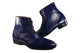 Stylish Men&#39;s Handmade Navy Blue Leather Cap Top Ankle High Fashion Lace Up Boot - £119.92 GBP