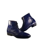 Stylish Men&#39;s Handmade Navy Blue Leather Cap Top Ankle High Fashion Lace... - £117.94 GBP