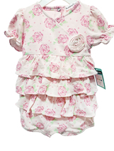 Rumble Tumble – Dress up pink/green floral romper, elastic sleeves, 3-6 ... - £12.22 GBP