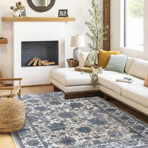 Navy Big Flower Area Rug Vintage Effect Lines Royal Collection - $4,653.53 MXN+