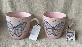 2 Large Pink Ceramic Butterfly Mugs Cups Gold Dots Stained Glass Appearance New - £25.10 GBP