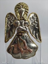 Vintage Signed SJ Supreme Jewelry Gold Tone Christmas Angel Metallic Brooch Pin - £11.61 GBP
