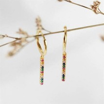 1.30Ct Colorful Multi Gemstone Dangling Stick Hoop Earrings 18K Yellow G... - £52.09 GBP