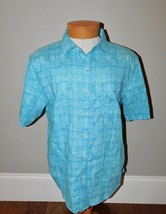 Tommy Bahama Sz M Pina Block Party Camp Shirt Tropical Turquoise Linen $128 - £27.82 GBP