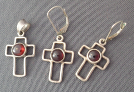 Vintage Christian Cross Pendant Earring Set Sterling Silver Domed Red Garnets - £27.40 GBP