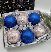 Set of blue and pink Christmas glass balls,hand painted ornament with gifted box - £42.70 GBP