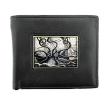 Octopus / Kraken Image Black Bifold Leather Wallet D2 Attacking Ship B&amp;W - $15.79