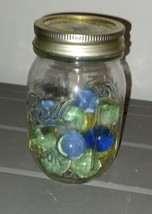 Vintage Ball Mason Jar Of 15 1” Iridescent Green, Yellow, Blue Cats Eye ... - $28.00