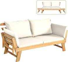 Tangkula Acacia Wood Patio Convertible Couch Sofa Bed with Adjustable Armrest, - £248.49 GBP