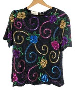 Vintage 1980s Laurence Kazar Beaded Sequin Shirt Top Black Silk Evening ... - $54.36 CAD