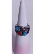 Southwest Turquoise And Coral Silvertone Ring Size 6 - $437.24 MXN
