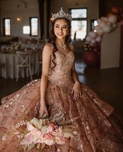 Beautiful  Rose Gold Luxury Quinceanera Dress Sequins Beads Sleeveless Gorgeous  - £423.65 GBP