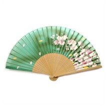 SILK HAND FAN 8&quot; Green Spring Blossoms High Quality Elegant Folding Pock... - $7.95