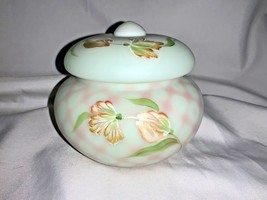 Fenton Art Glass Green Lotus Mist Burmese Puff Box Blushing Tulip Box Ne... - $164.00
