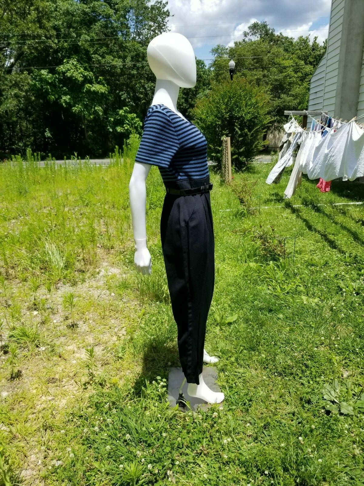 Vintage 90s Balck pant stripe top French nautical jumpsuit romper belted W28" Item image 3