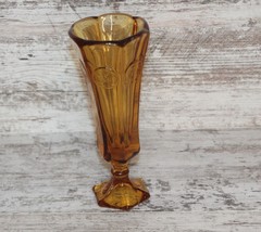 VTG Fostoria Amber Glass Liberty Coin Footed Pedestal Bud Vase 8&quot; Fluted MCM - £7.11 GBP
